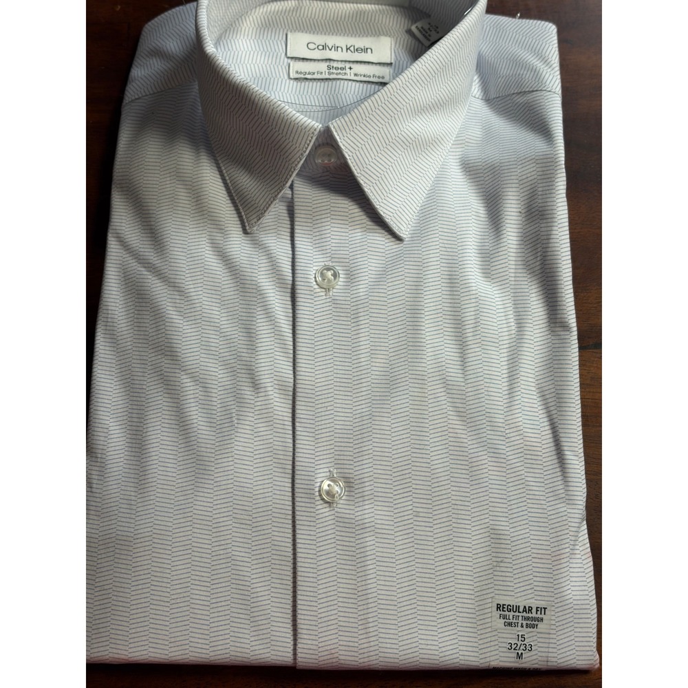 Calvin Klein Steel+ Dress Shirt Mens 15 32/33 M Mist Blue Regular Fit Stretch